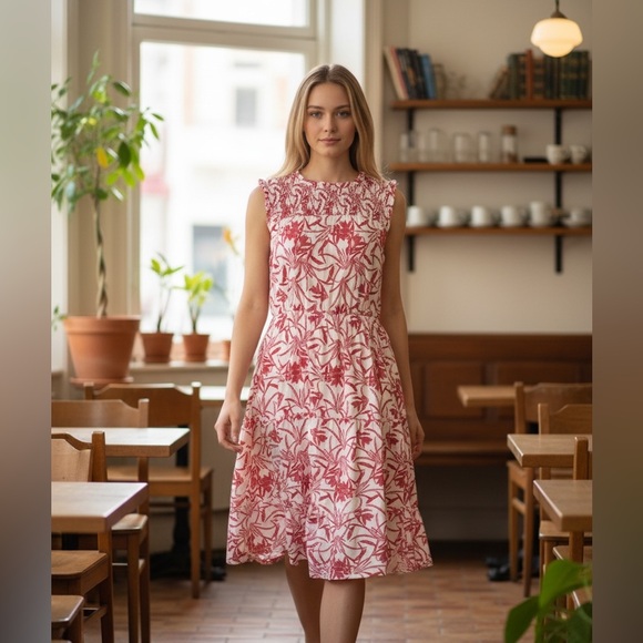Hayden Dresses & Skirts - Hayden Pink White Floral Sleeveless smocked Midi Dress Large.  Brunch Resortwear